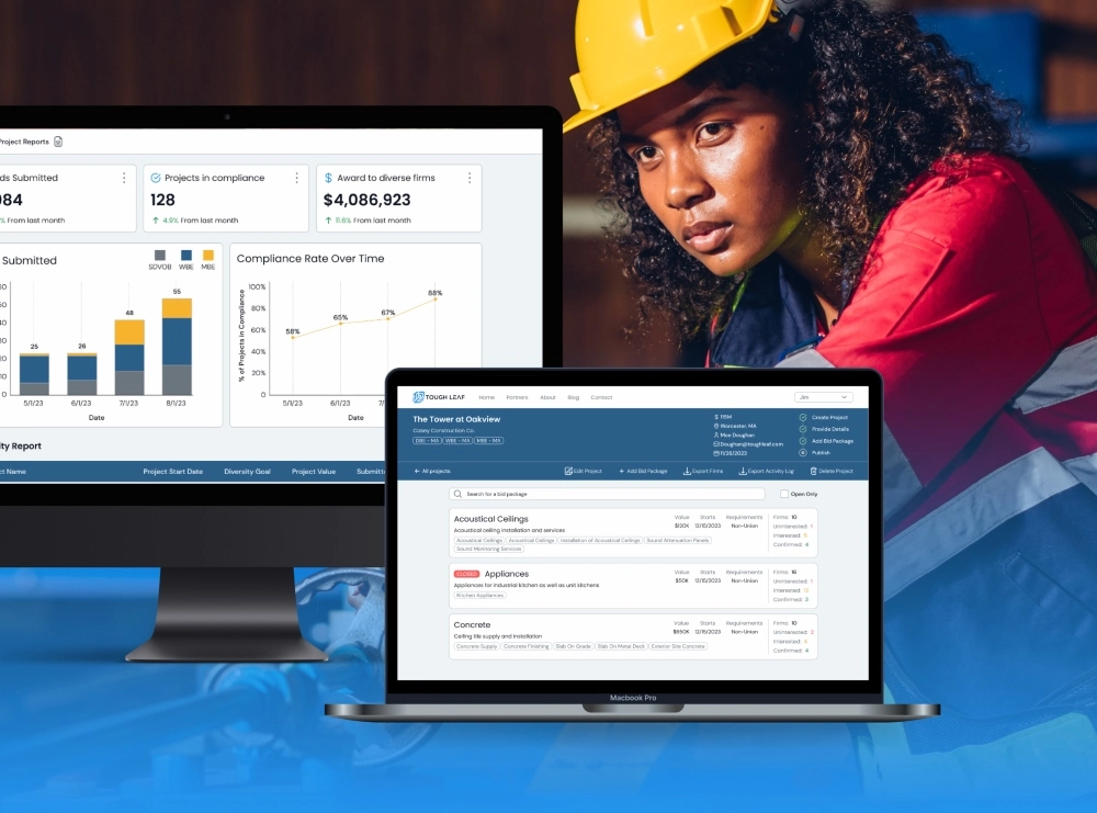 laptop and monitor with Tough Leaf web app open with woman in construction hat in the background